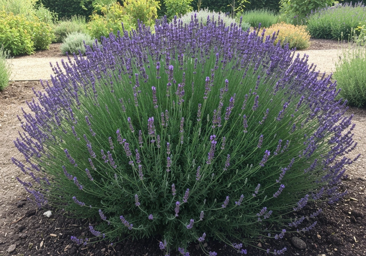 Massif compact de lavande à fleurs violettes, montrant la structure des tiges et des épis