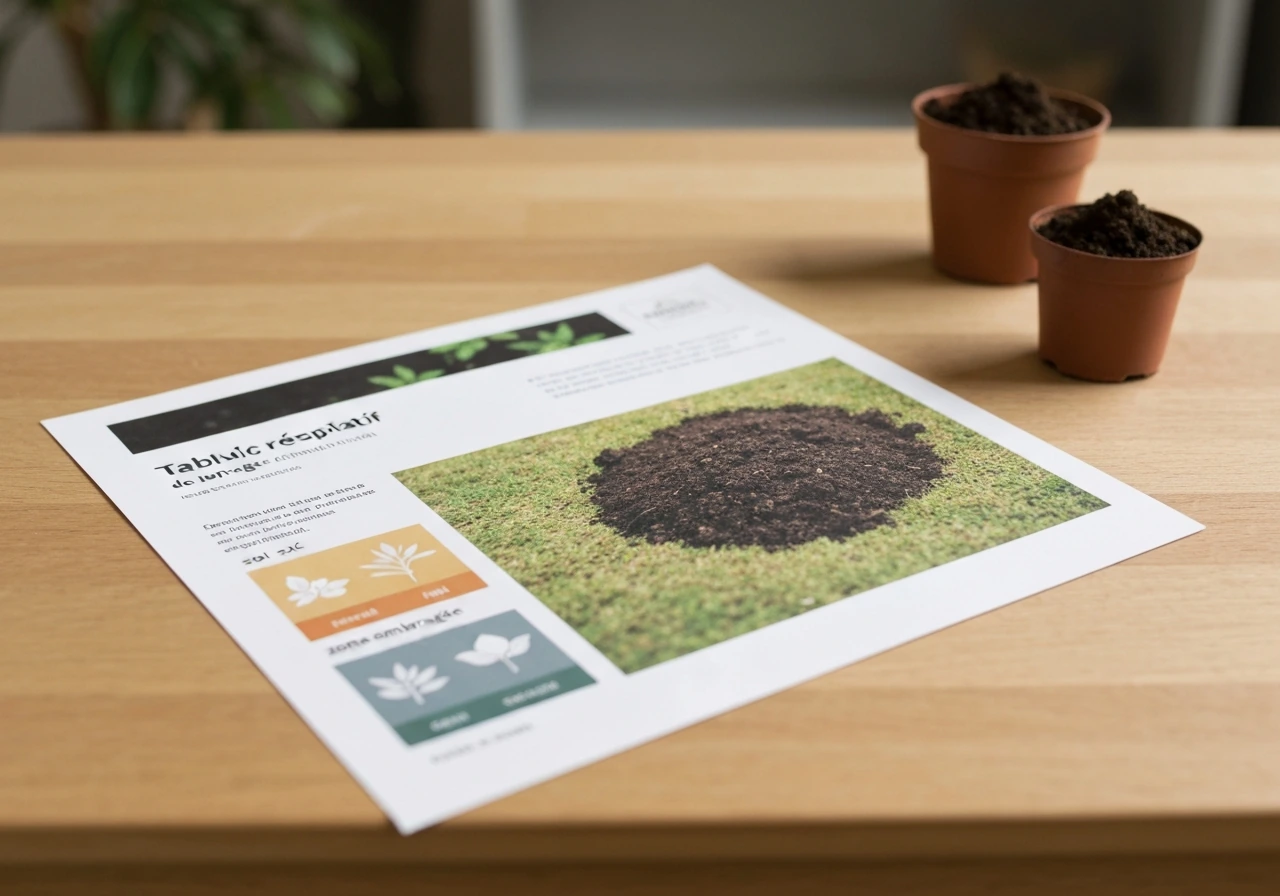 Tableau de jardinage au premier plan, avec un focus sur “sol sec” et une zone ombragée, sans texte lisible.