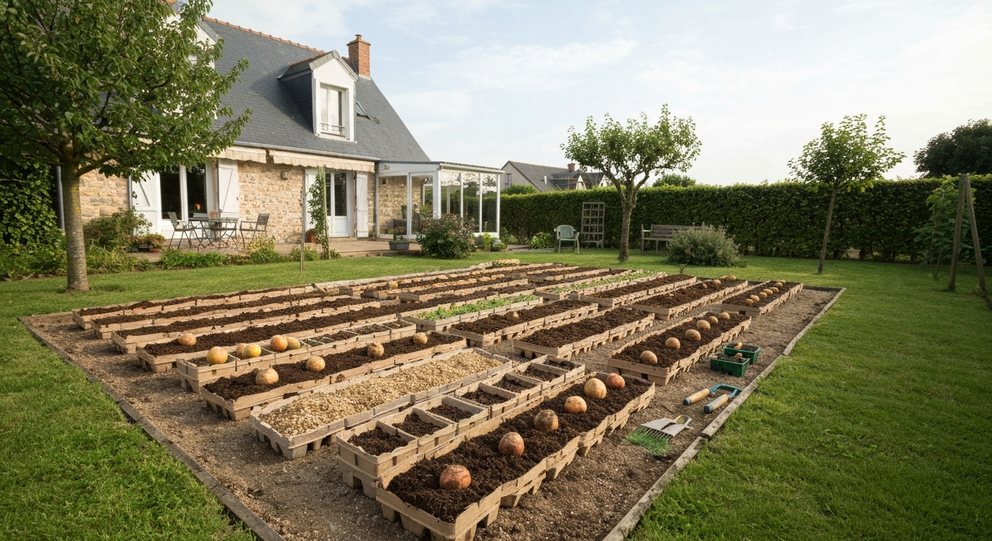 Mise en place d'une lasagne pour planter des pommes de terre sur pelouse : cartons, couches de compost et paille, tubercules-semences et outils.