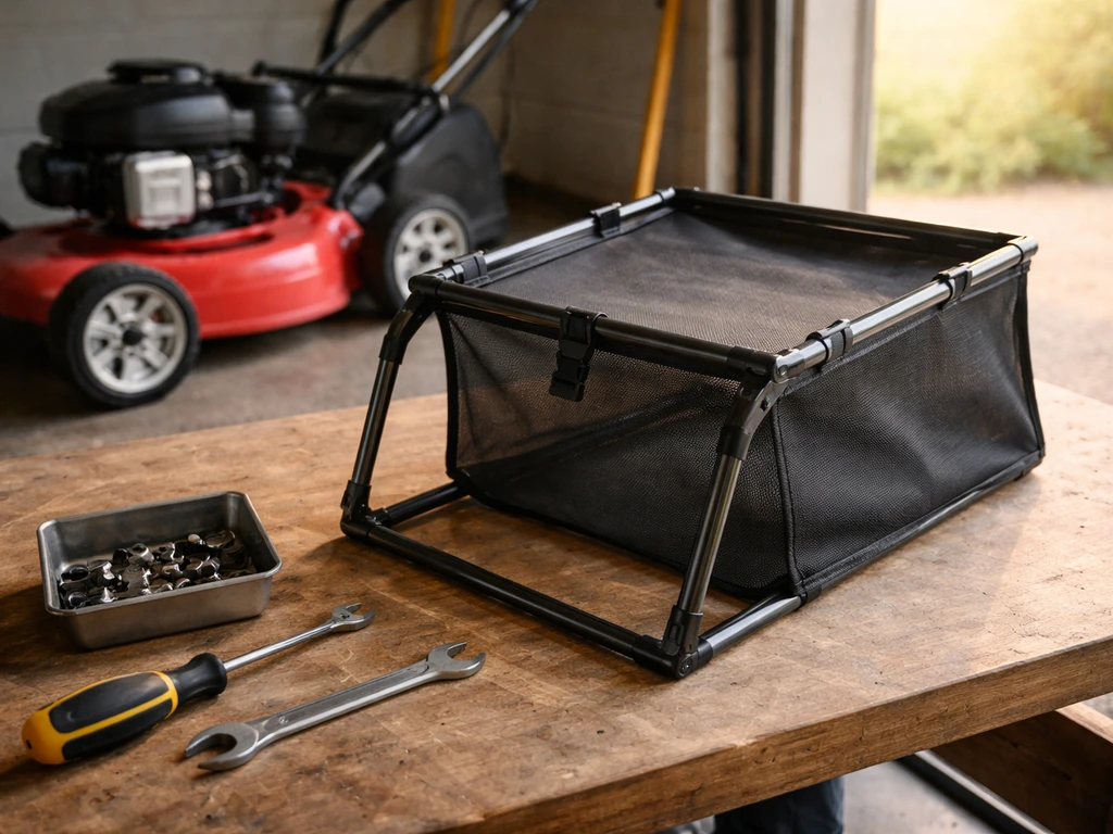 Dans un garage, un sac en toile est fixé sur un cadre métallique récupéré, outils visibles sur l’établi.