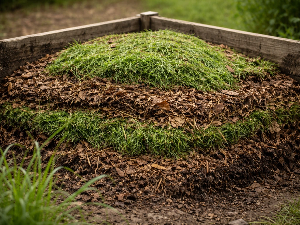 Tas de compost en couches vertes et brunes, alimenté avec de l’herbe ramassée dans un jardin
