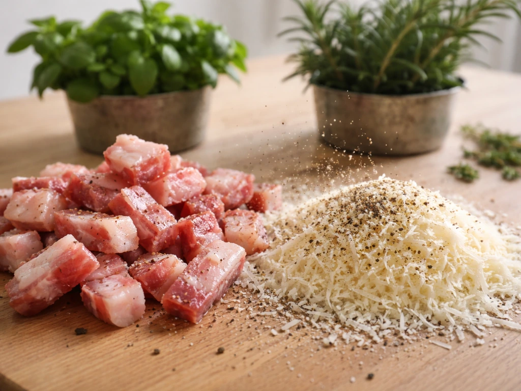 Plan rapproché d’ingrédients de carbonara (guanciale, pecorino, poivre) avec quelques herbes en arrière-plan
