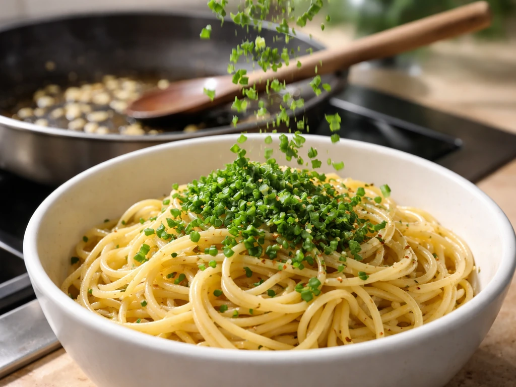 Bol de pâtes avec persil et ciboulette finement ajoutés, et une poêle avec ail qui chauffe en arrière-plan.