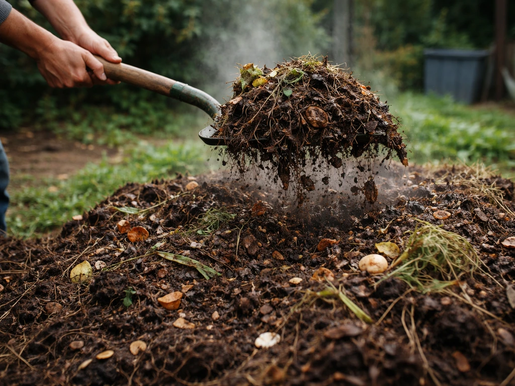 Tas de compost brassé à la fourche pour réintroduire l’oxygène, mains anonymes au premier plan.