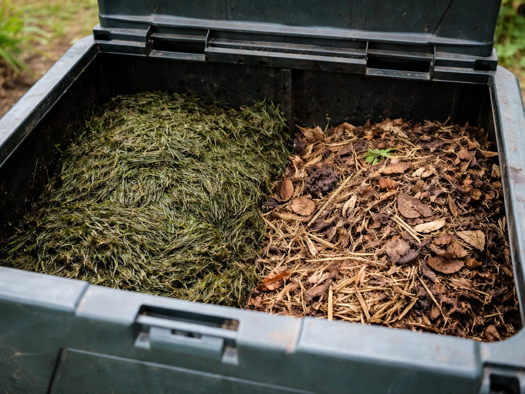Composteur de jardin rempli d’herbe tassée et humide, avec des matières brunes plus aérées à côté.