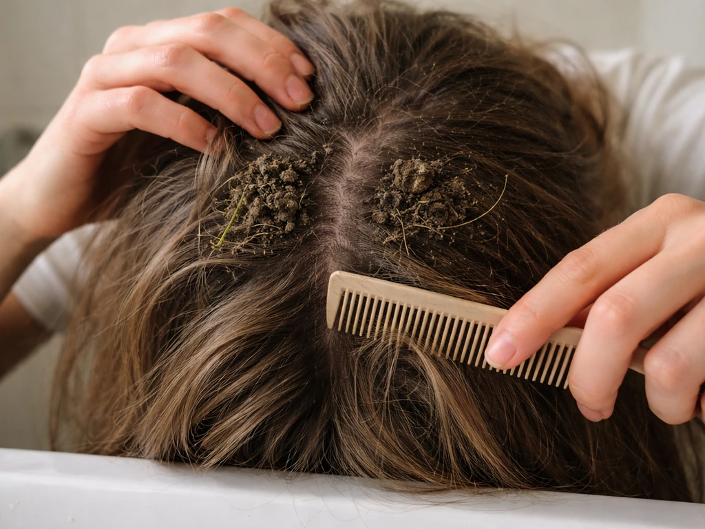 Gros plan sur des cheveux à la racine, mains et peigne détachant des mottes de terre avant le shampoing.