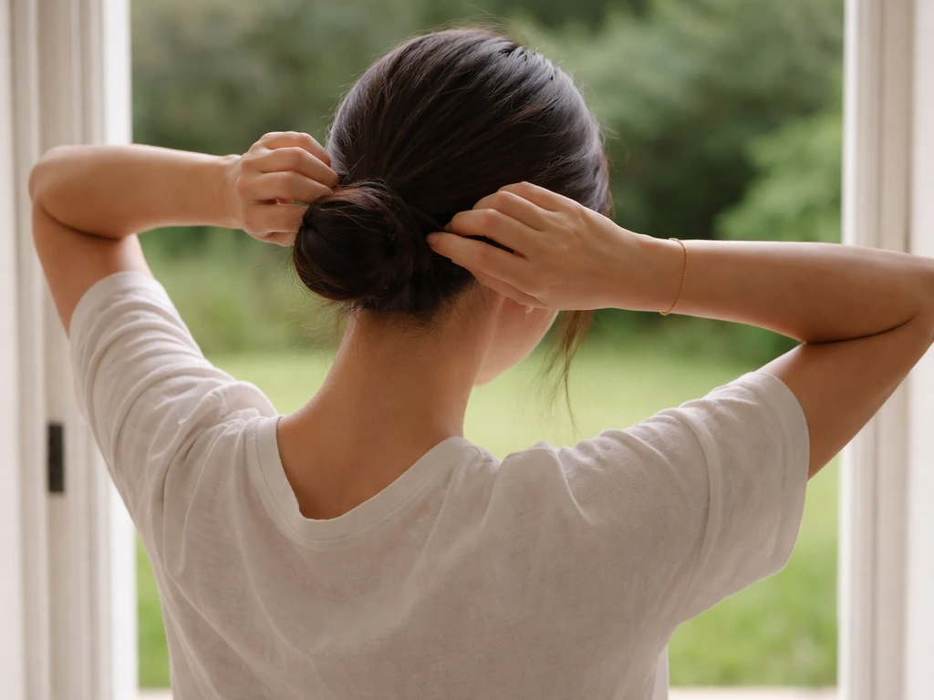 Cheveux attachés en chignon bas près d’une porte donnant sur le jardin, avant d’y aller