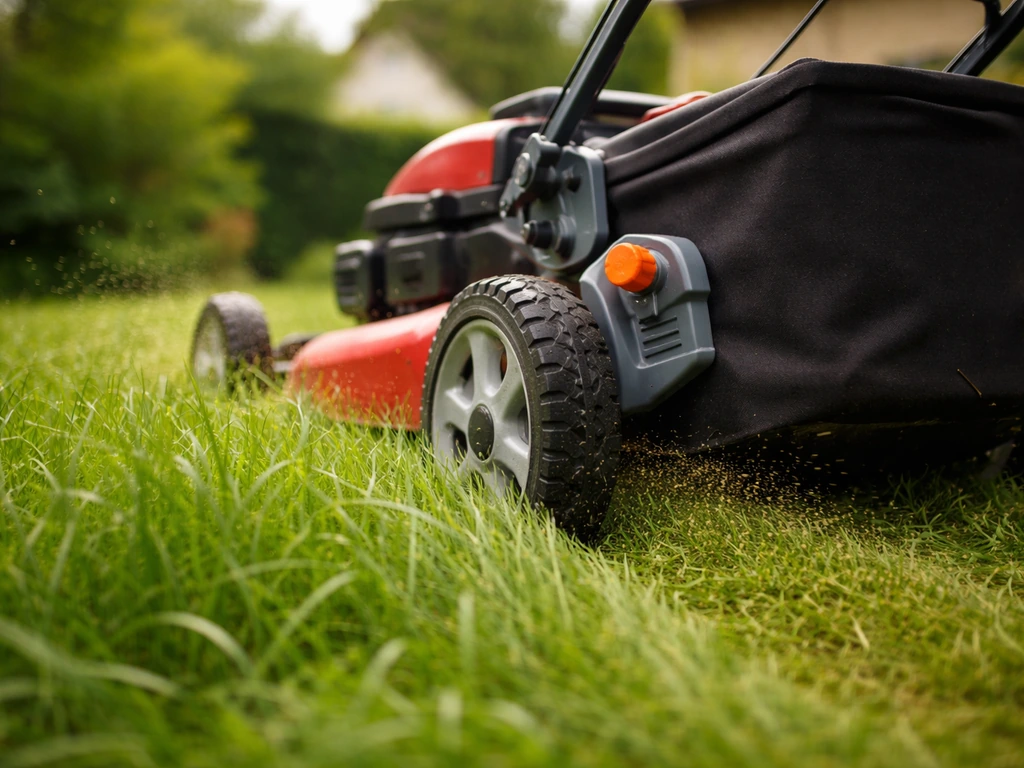 Une tondeuse à gazon règle la hauteur de coupe pendant qu’une pelouse haute est tondue, herbe humide.