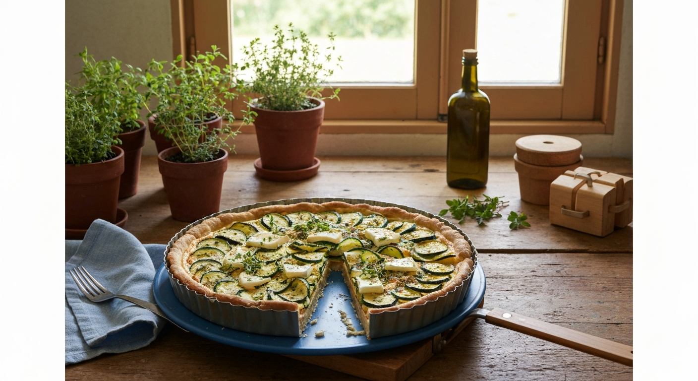 Tarte aux courgettes sur pâte brisée aux herbes de Provence dans une cuisine rustique, avec pots d'aromatiques et lumière du matin en arrière-plan.