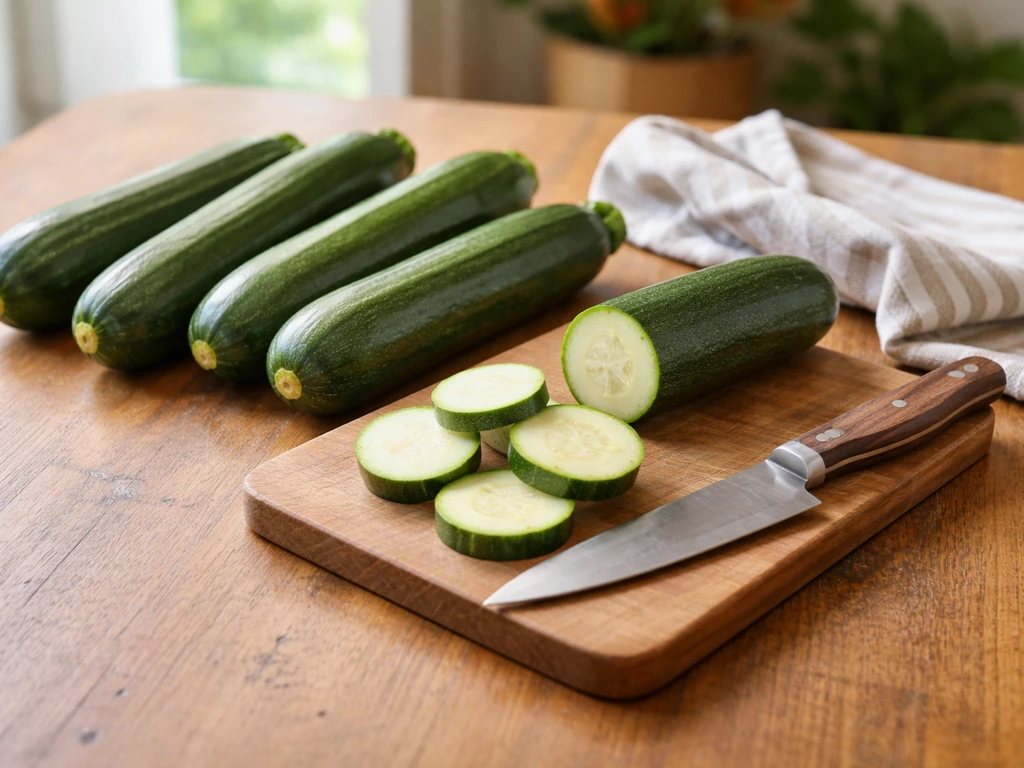 Courgettes vertes fermes et brillantes, avec une découpe propre sur planche en bois de cuisine.