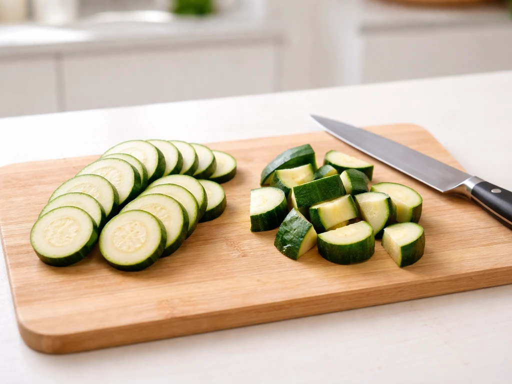 Courgettes découpées sur une planche : rondelles fines pour la poêle et morceaux plus épais pour le four, avec couteau