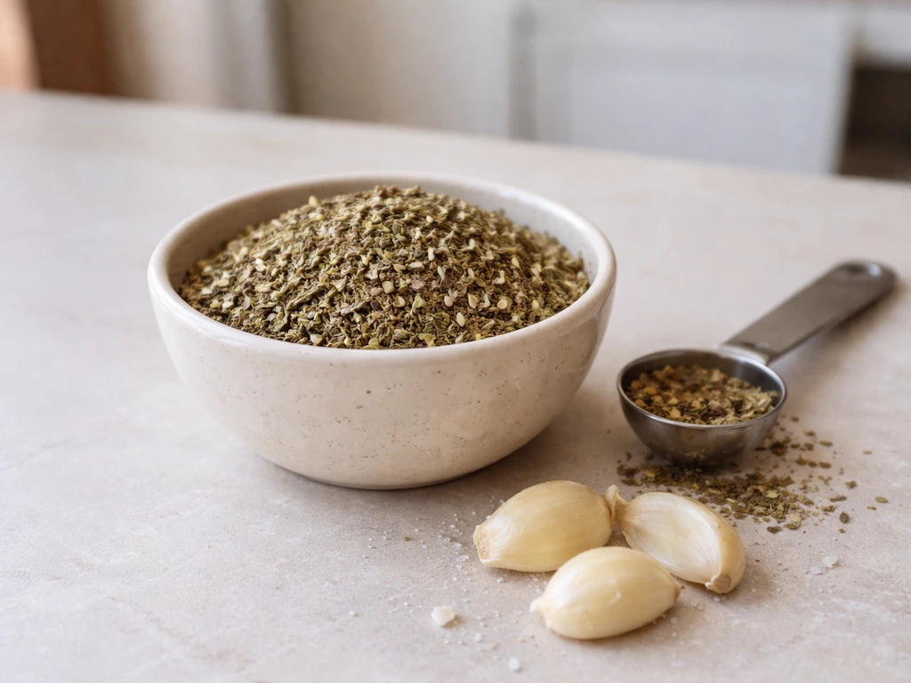 Bol mesuré d’herbes de Provence et ail sur une table de cuisine, prêt à assaisonner.