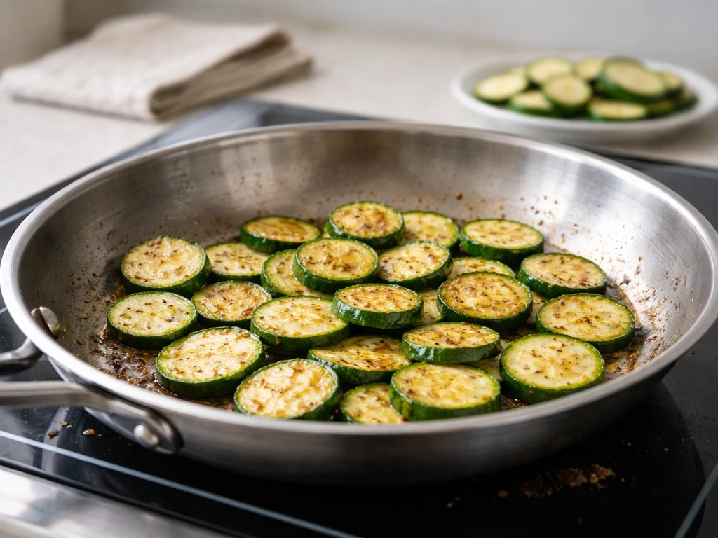 Poêle sans couvercle avec des courgettes bien sautées, bords dorés, texture non molle.