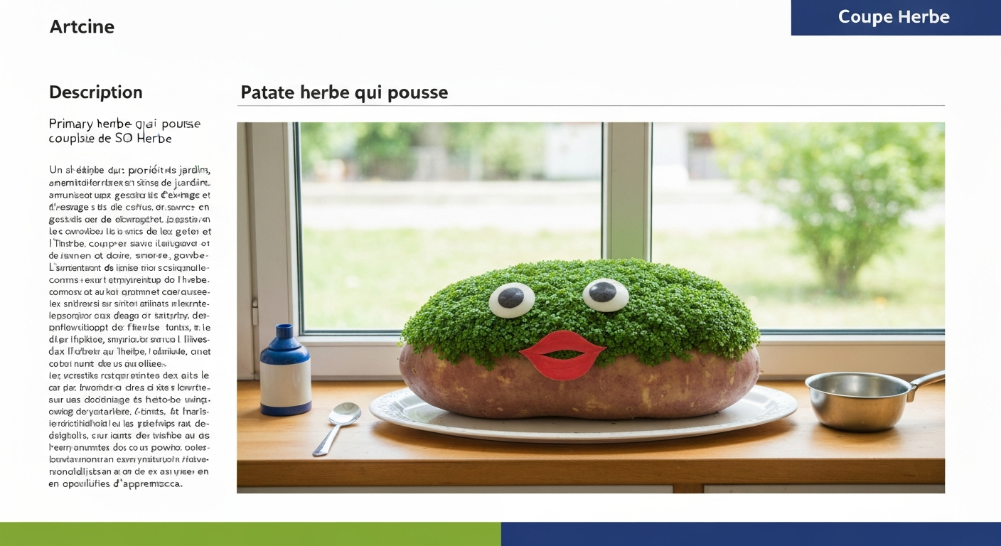 Pomme de terre évidée décorée comme une tête, avec un toupet de cresson vert formant des « cheveux », posée sur une assiette au bord d'une fenêtre lumineuse.