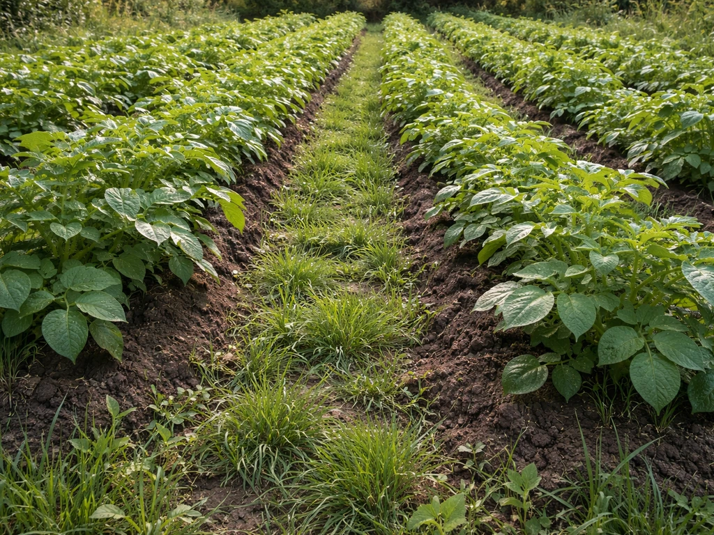 Rangs de pommes de terre avec herbe envahissante entre les plants au premier plan.