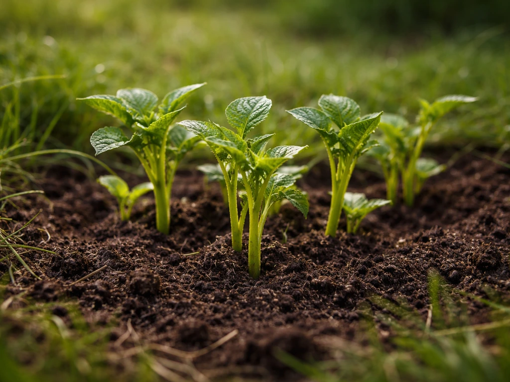 Tiges vertes de pomme de terre émergent au milieu de l’herbe dans un potager, sol humide