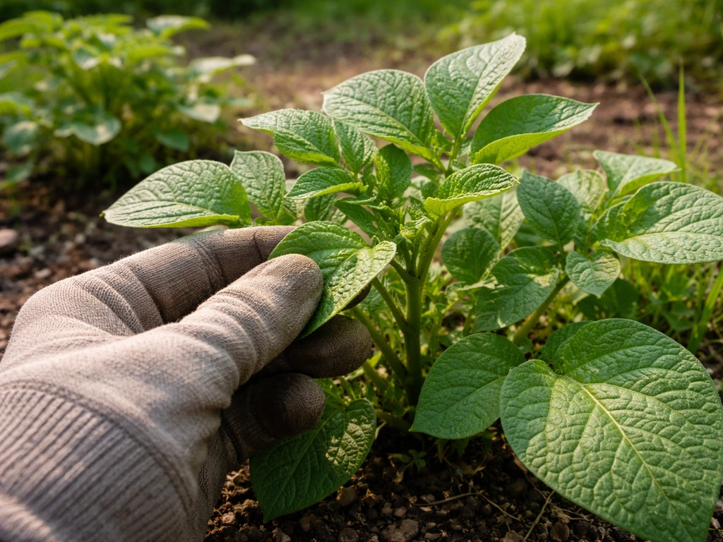 Gros plan sur des feuilles de pomme de terre velues, une main les froissant légèrement, jardin potager.