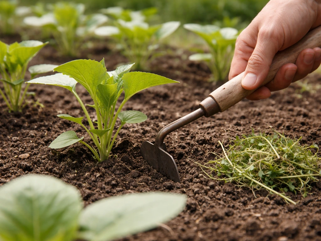 Main désherbant autour de jeunes plants, herbe retirée au pied, sol dégagé sans abîmer les tiges.