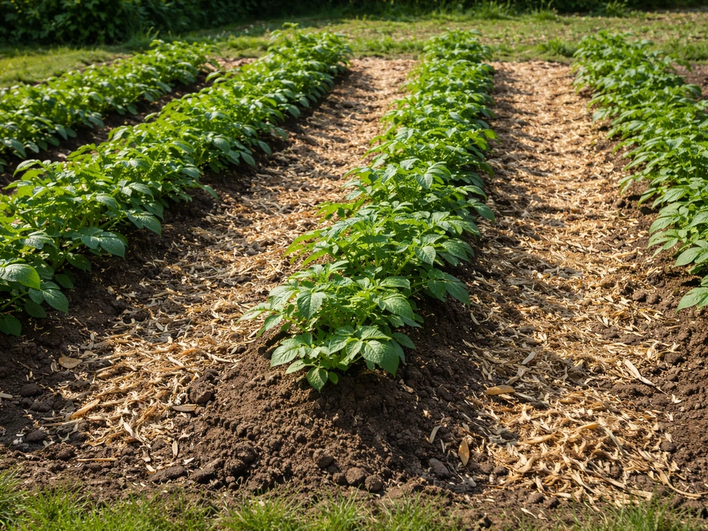 Paillage en broyat entre les rangs de pommes de terre, sol couvert contre la repousse de l’herbe.