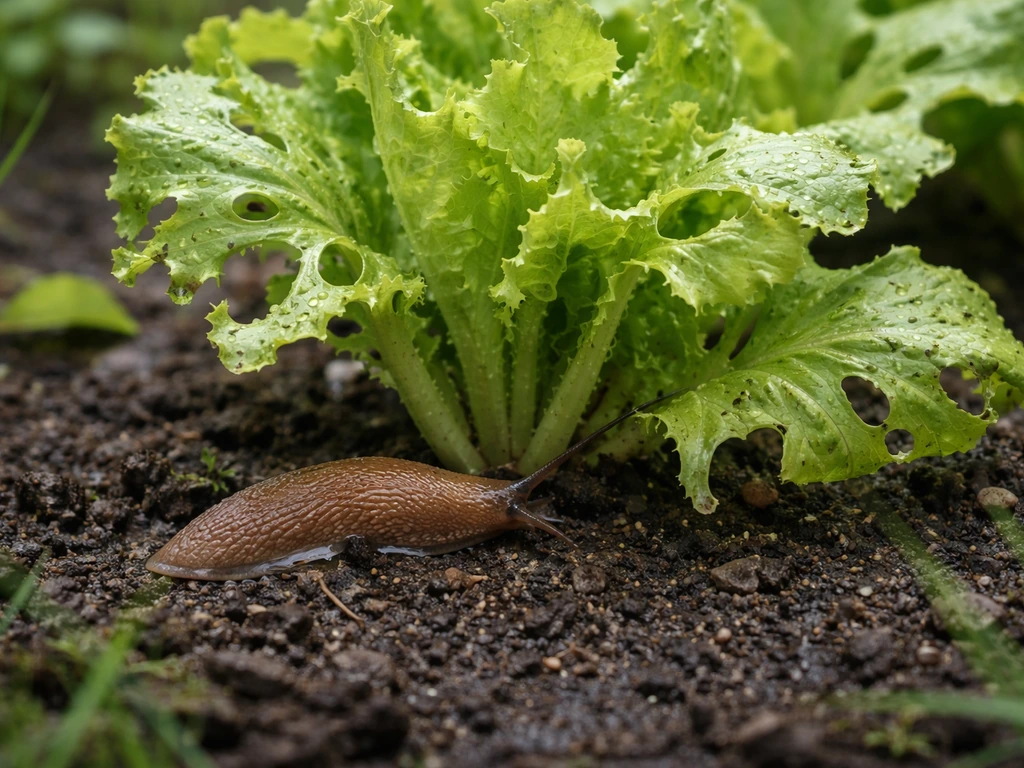 Feuilles de salade rongées par des limaces dans une parcelle humide, une limace au pied des plants.