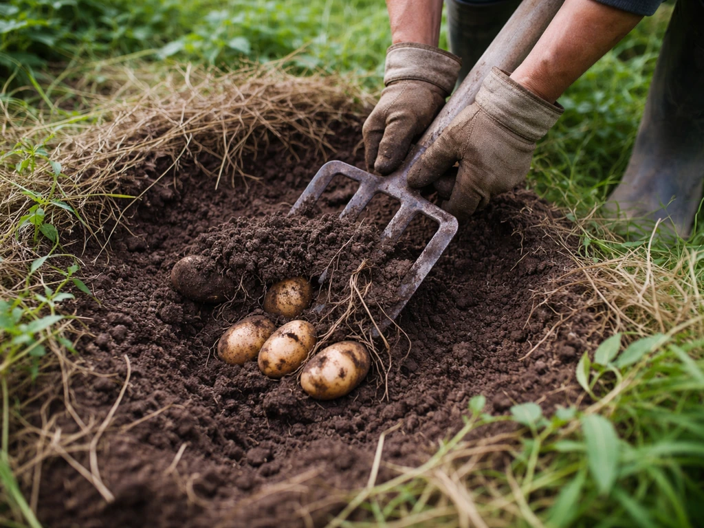 Fourche-bêche soulevant la terre autour d’un plant enherbé, tubercules visibles, herbe écartée.