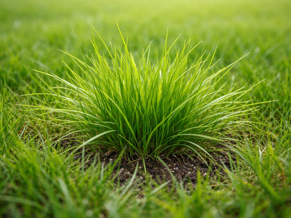 Gros plan sur une touffe d’herbe en pelouse, feuilles fines et port distinct pour faciliter l’identification.