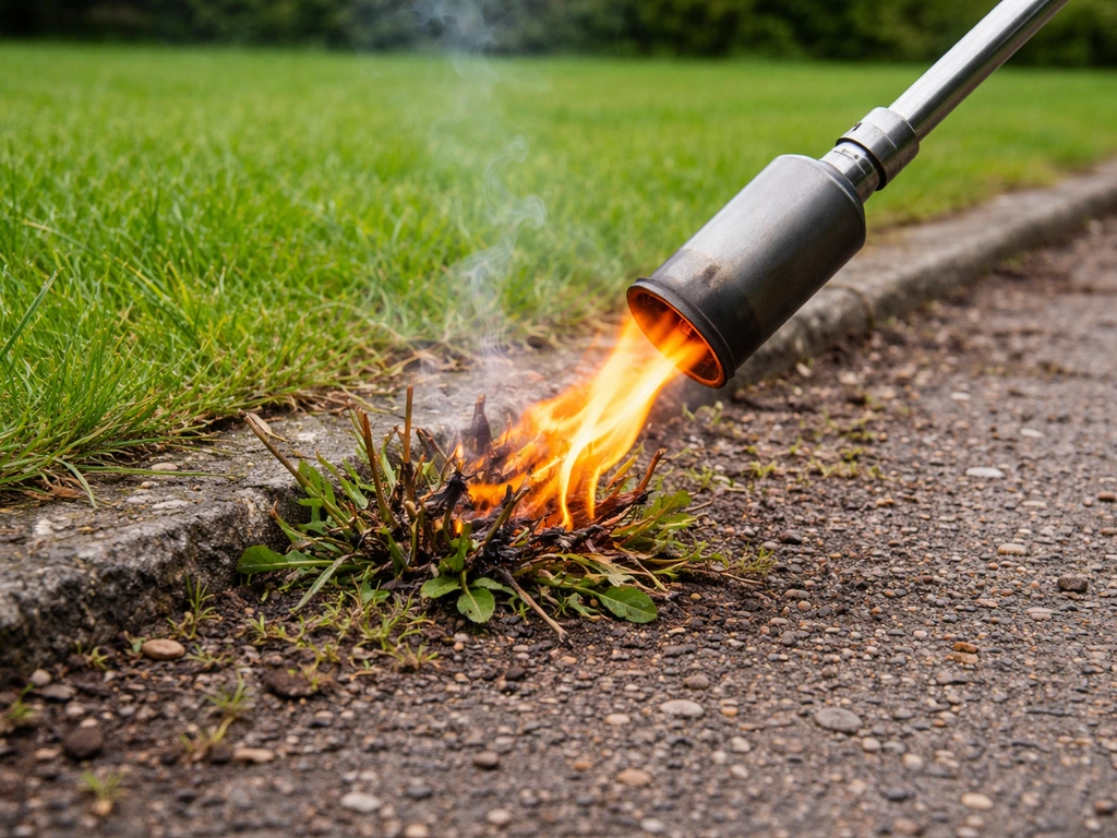Flamme d’un désherbeur thermique brûlant des herbes près d’une pelouse, feuilles brunies et fumée légère.