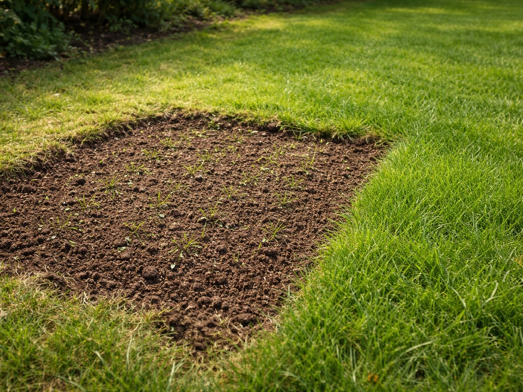 Zone de pelouse reconditionnée : terre ameublie et jeunes pousses après retrait d’une grande touffe