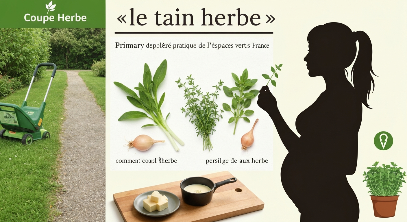 Image composite montrant une pelouse, de l'ail et des fines herbes sur un plan de travail, une silhouette non identifiable suggérant la grossesse avec une icône de précaution, et de la roquette en pot.