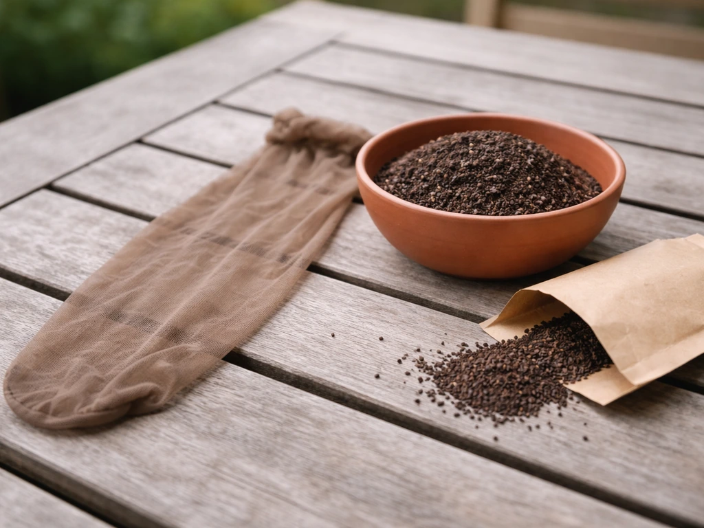 Collant en nylon coupé, terreau tamisé et sachet de semences sur une table, gros plan réaliste.