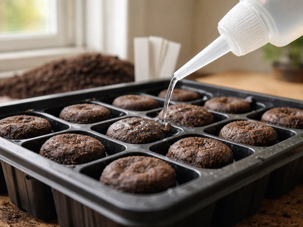 Plateau de semis avec boulettes de terreau et arrosage doux au jet fin près des alvéoles.
