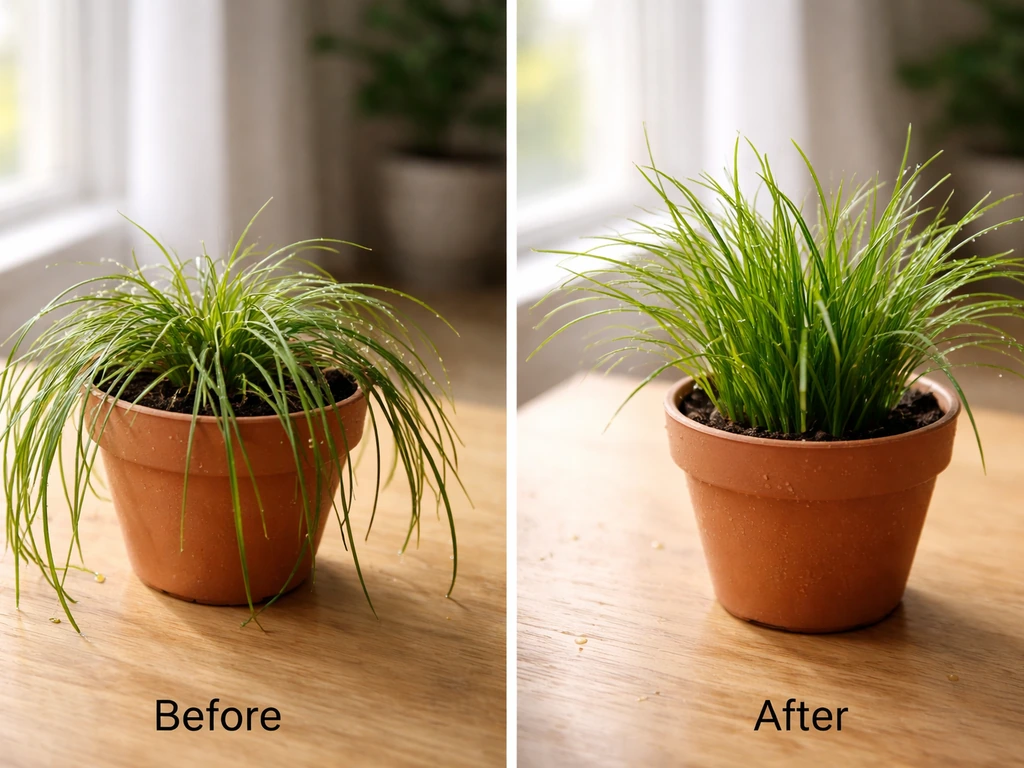 Plante en pot avec des brins d’herbe qui s’affaissent, près d’une fenêtre, lumière naturelle
