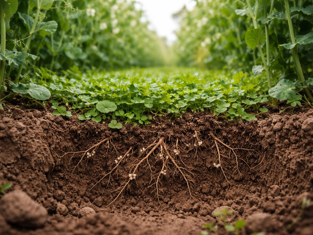 Racines de petits pois avec nodules dans le sol, et plante de couverture entre les rangs, vue réaliste.