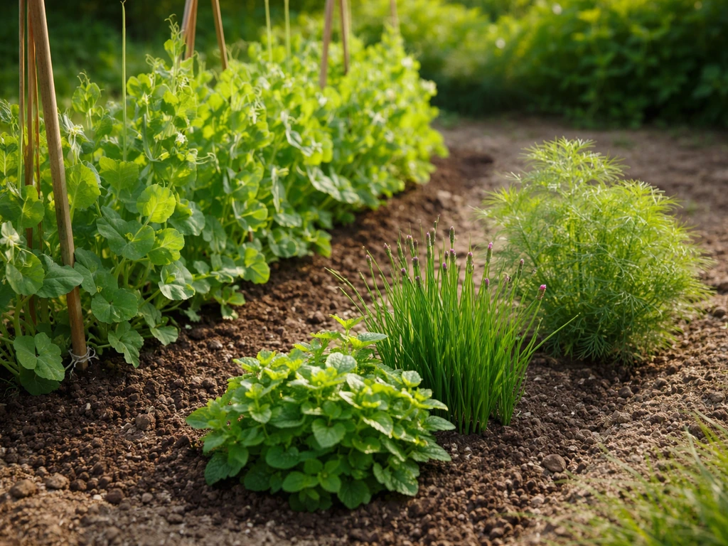 Plants de petits pois à côté de pots d’herbes aromatiques (menthe, ciboulette, aneth) dans un potager.