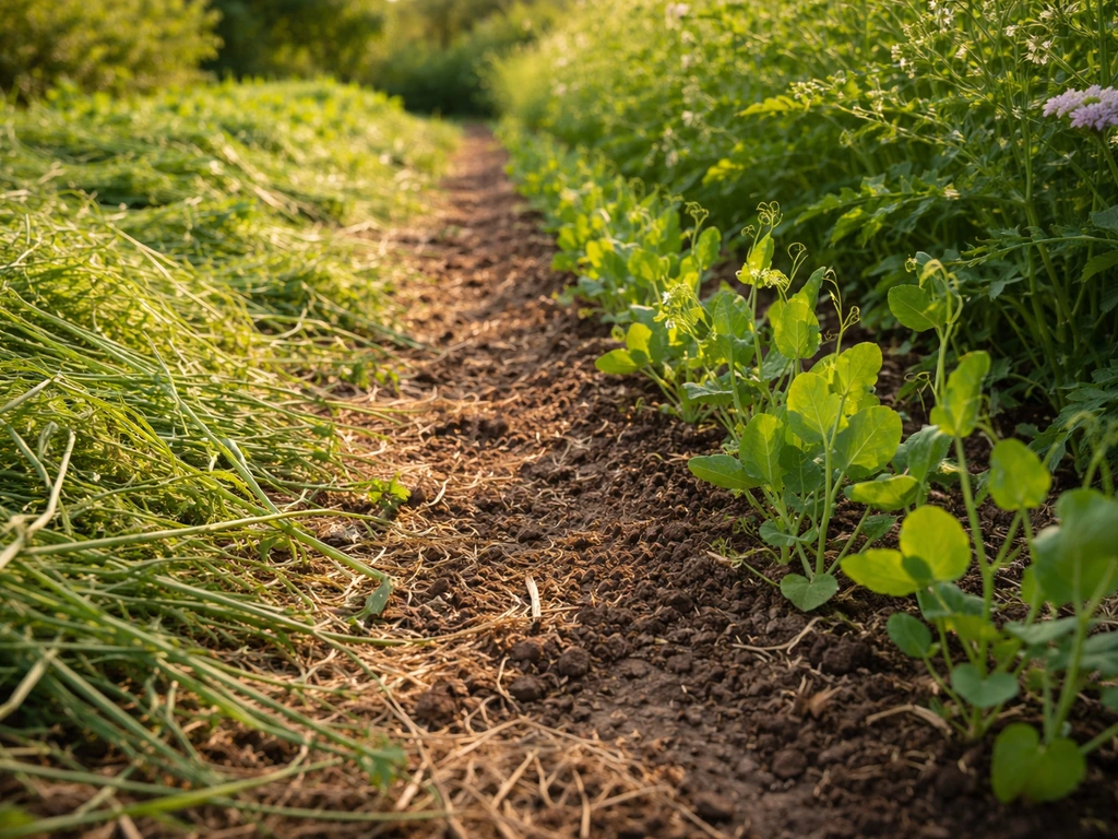 Couverture végétale fauchée vs laissée pousser, montrant l’ombrage sur des jeunes plants de pois.