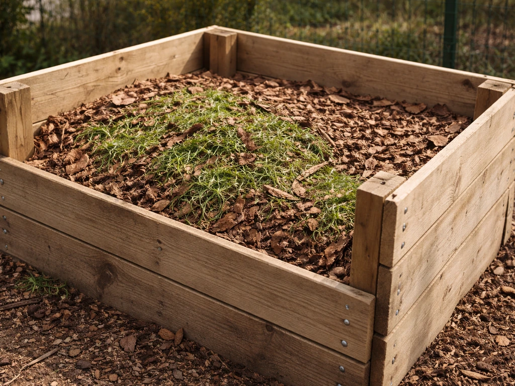 Tas de tontes de gazon et matière sèche dans un composteur de jardin, décomposition à l’aspect naturel.