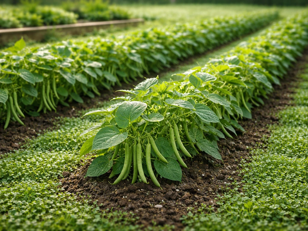 Rangs de haricots verts dans un potager français, avec une herbe basse entre les plants.