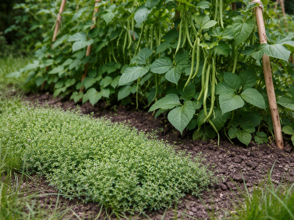 Haricots verts grimpants tuteurés près d’une plante couvre-sol en pleine terre, jardin potager naturel.