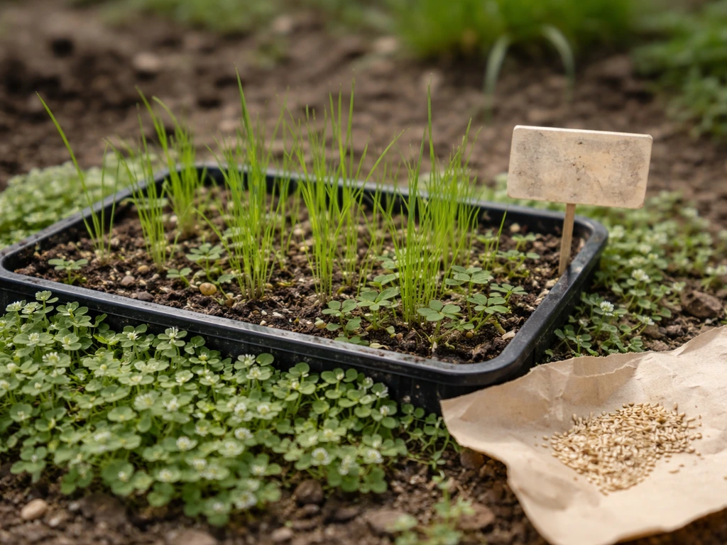 Jeunes pousses de couvre-sols en pot et graines, vue rapprochée sur le semis.