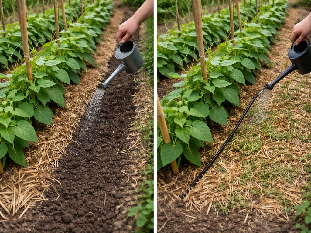 Sol humide sous couvre-sol entre les rangs, arrosage au pied et haricots tuteurés dans un potager.