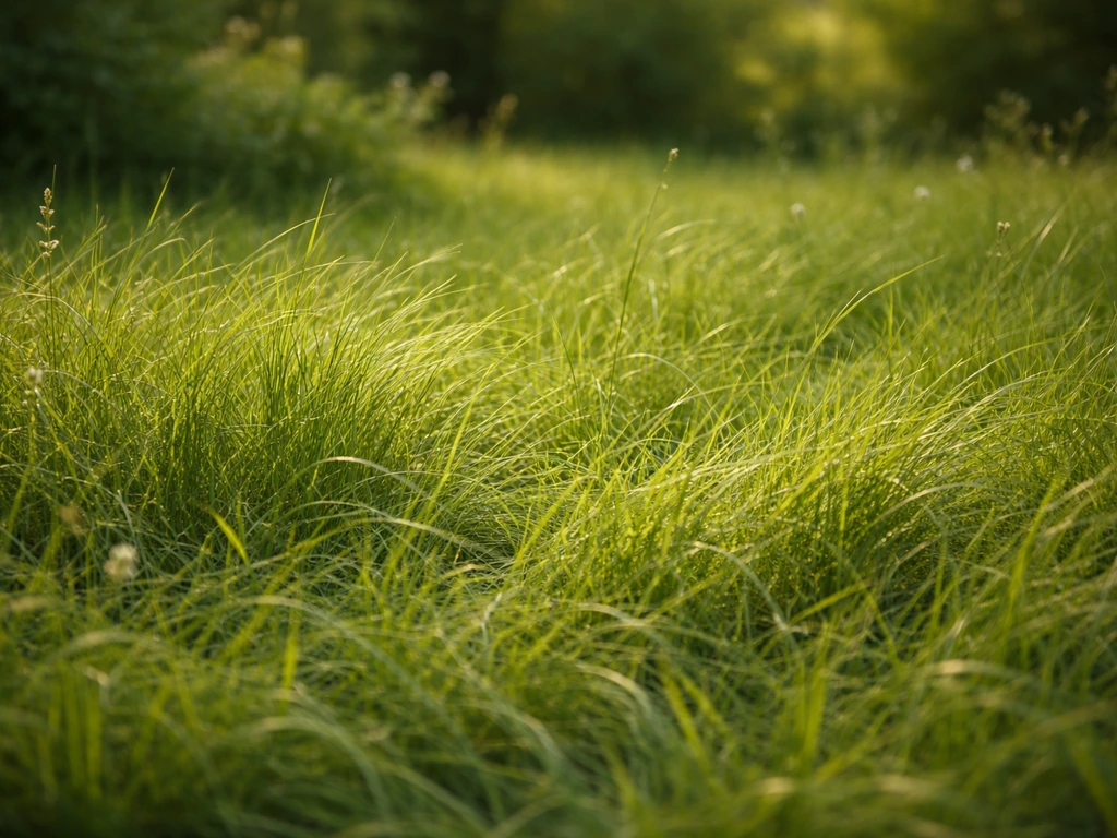 Herbe verte sur pied dans une parcelle avant coupe, lumière naturelle, composition minimaliste.