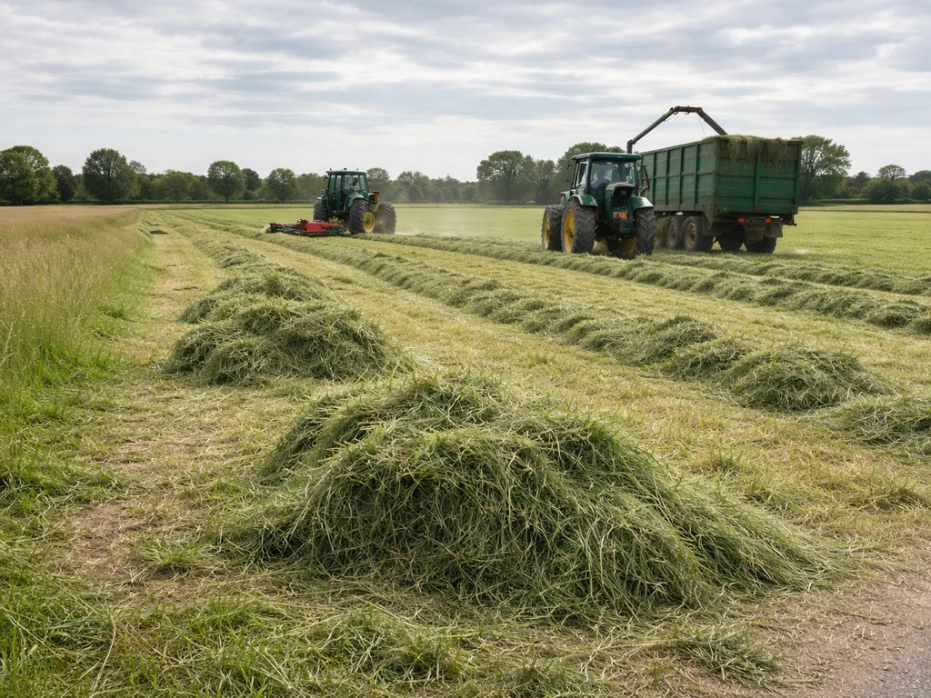 Champ en France : coupe de l’herbe sur pied et enlèvement par un tracteur, situation simple et claire