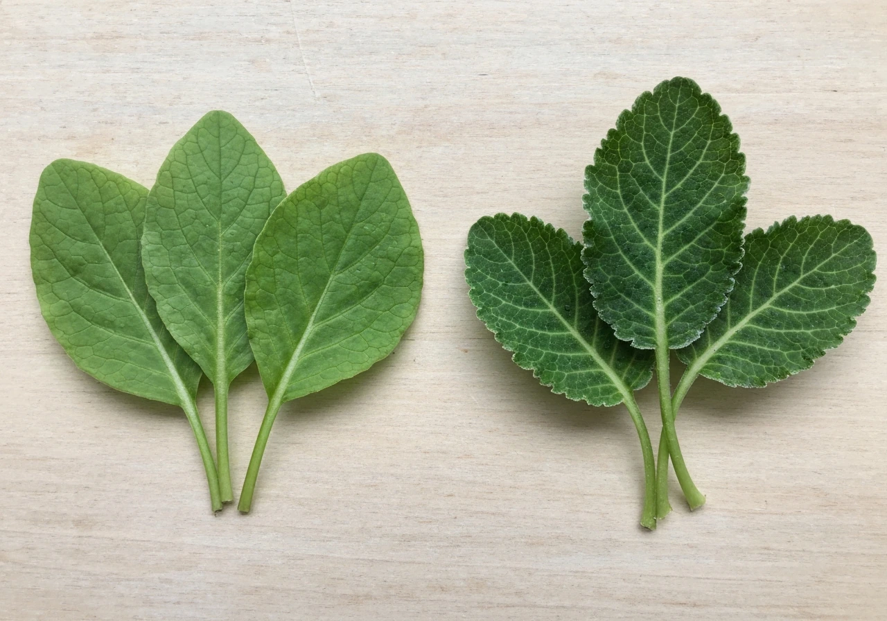 Gros plan comparatif de feuilles de persil plat lisses et de persil frisé très dentelées, sur fond neutre.