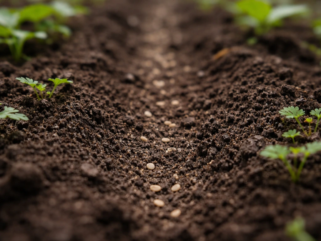 Graines de persil recouvertes dans un sillon, sol fraîchement préparé, vue rapprochée au jardin
