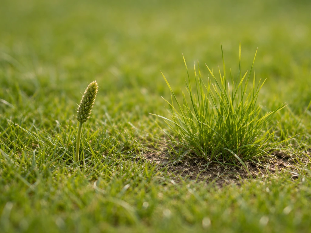 Gros plan de deux zones distinctes de pelouse : épi/grappe grainée et touffe d’herbe plus haute et clairsemée.