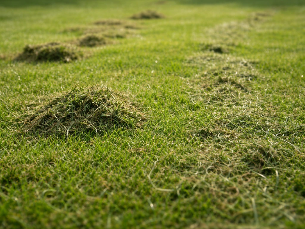 Pelouse fraîchement tondue avec de petits tas et traînées d’herbe coupée en surface.