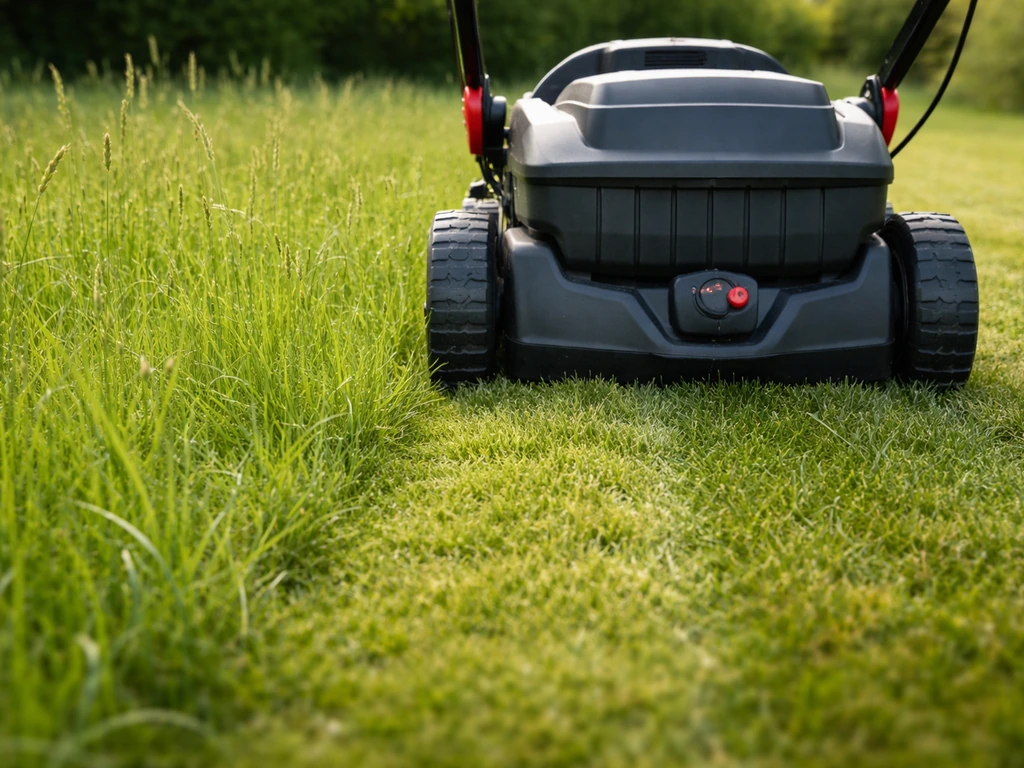 Pelouse tondue juste avant graines, avec une tondeuse réglée à une hauteur de 5–6 cm sur une petite bande
