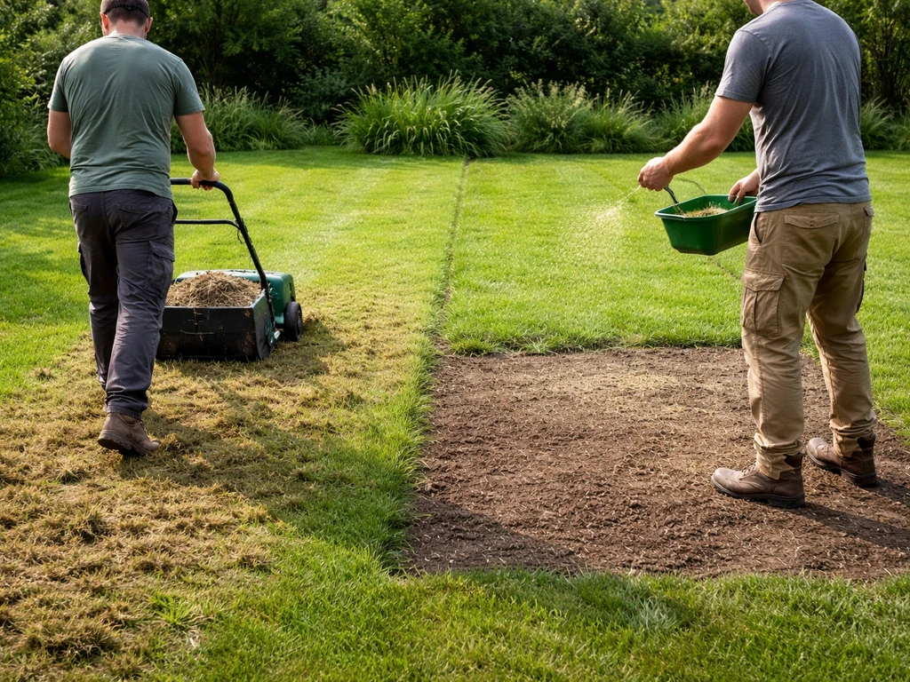 Pelouse divisée : scarification à gauche et sursemis à droite avec un jardinier anonyme.
