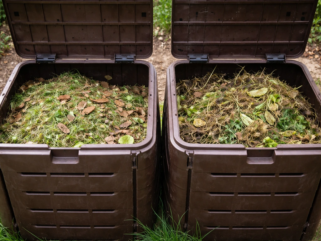 Deux bacs à compost côte à côte : herbe tondue fraîche mélangée à des bruns (à gauche) et herbe montée en graines (à dro