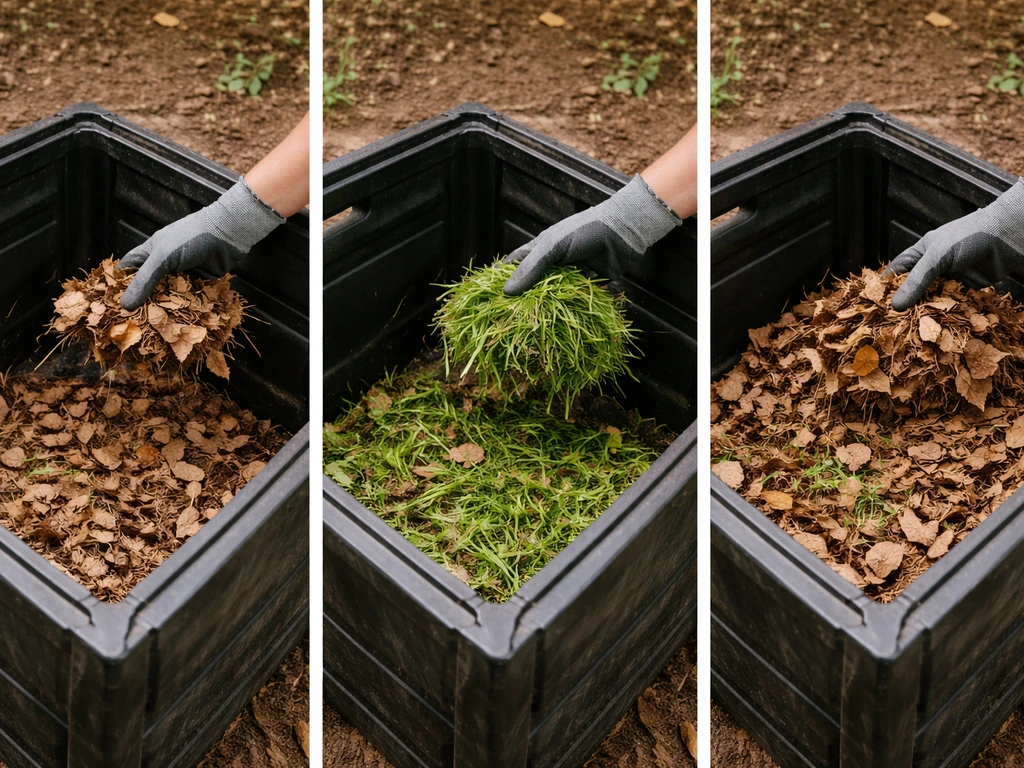 Séquence photo d’un composteur : couches brunes puis herbe verte recouverte, gestes de compostage visibles